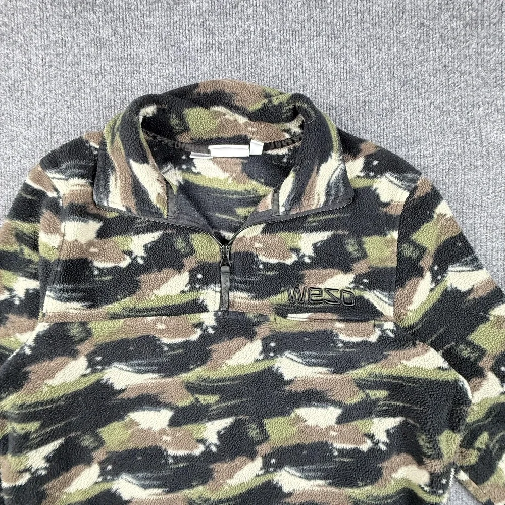 WeSC Pullover Sweater Mens Small Camo Fleece Half Zip Pocket Green Brown Outdoor
